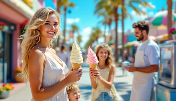 Femme souriante tenant des glaces italiennes vanille et fraise avec ses enfants dans une rue ensoleillée, devant un vendeur en tablier blanc