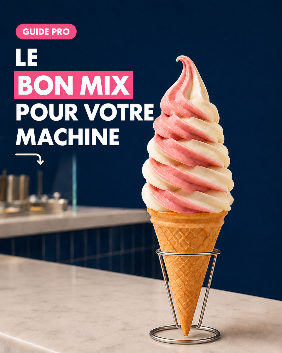 Illustration — le bon mix pour votre machine, avec un cornet de glace italienne rose et blanche