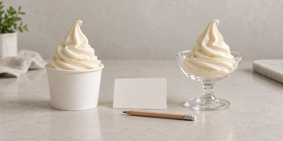 Illustration : deux présentations de glace, une fiche vierge et un crayon