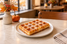 Illustration d’une gaufre dorée au sucre glace, servie sur une assiette dans un décor d’automne.