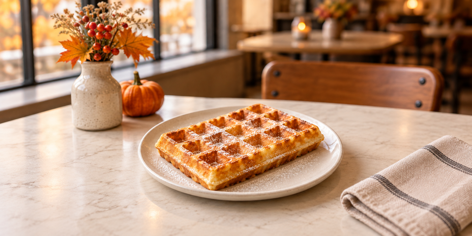 Illustration d’une gaufre dorée au sucre glace, servie sur une assiette dans un décor d’automne.