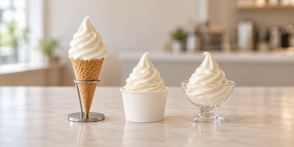 Illustration : trois présentations de glace italienne en cornet, pot et coupe.