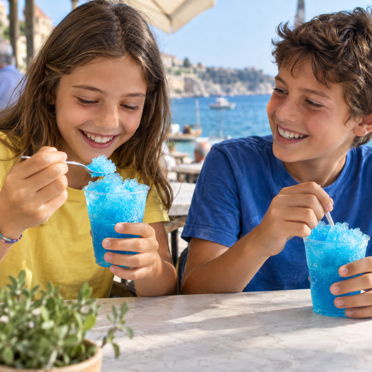 Deux enfants dégustant des granités bleu lagon en terrasse — illustration estivale