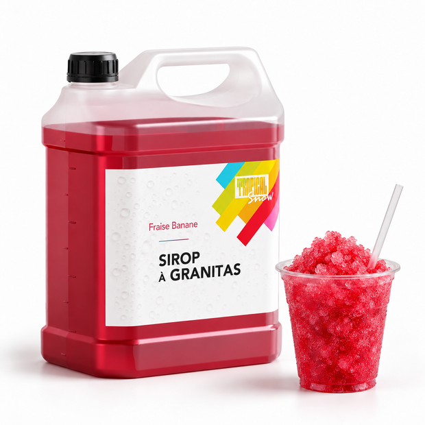 Sirop à granita Fraise Banane, bidon 5 L et granité — visuel de présentation