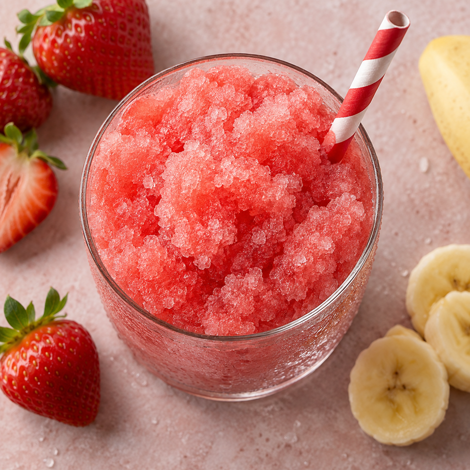 Granité fraise-banane vu du dessus, avec fraises et rondelles de banane — illustration du parfum