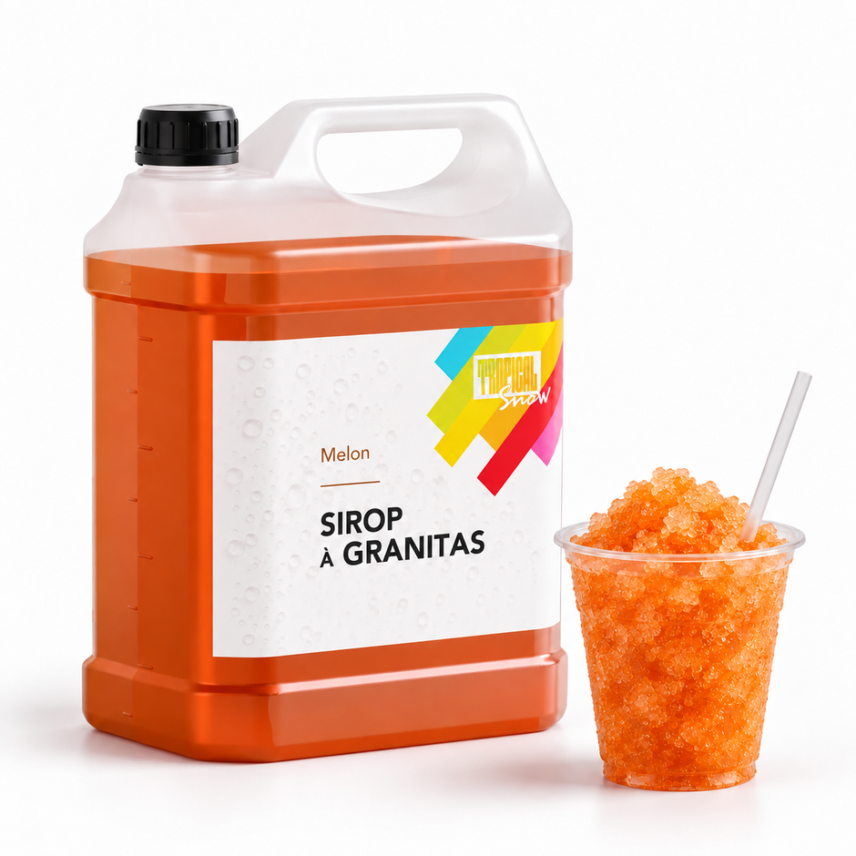 Sirop à granita Melon, bidon 5 L et granité — visuel de présentation