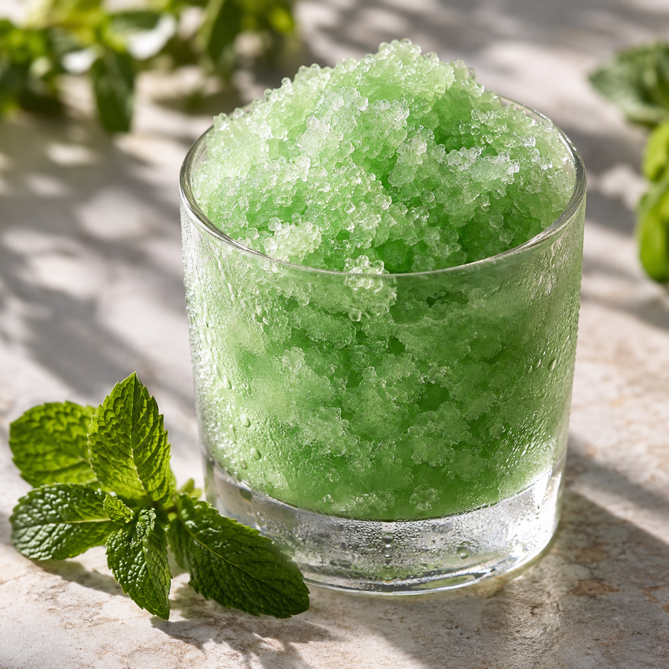 Granité vert menthe aux cristaux de glace visibles, avec des feuilles de menthe — illustration du parfum