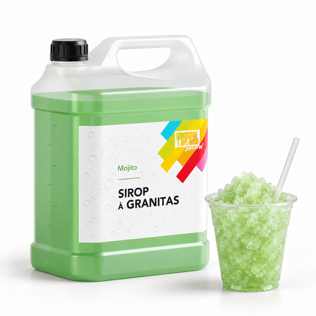 Sirop à granita Mojito, bidon 5 L et granité — visuel de présentation