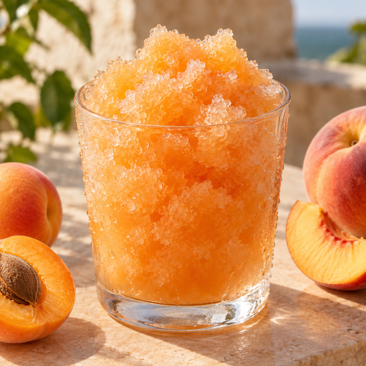 Granité pêche-abricot avec des fruits coupés — illustration du parfum