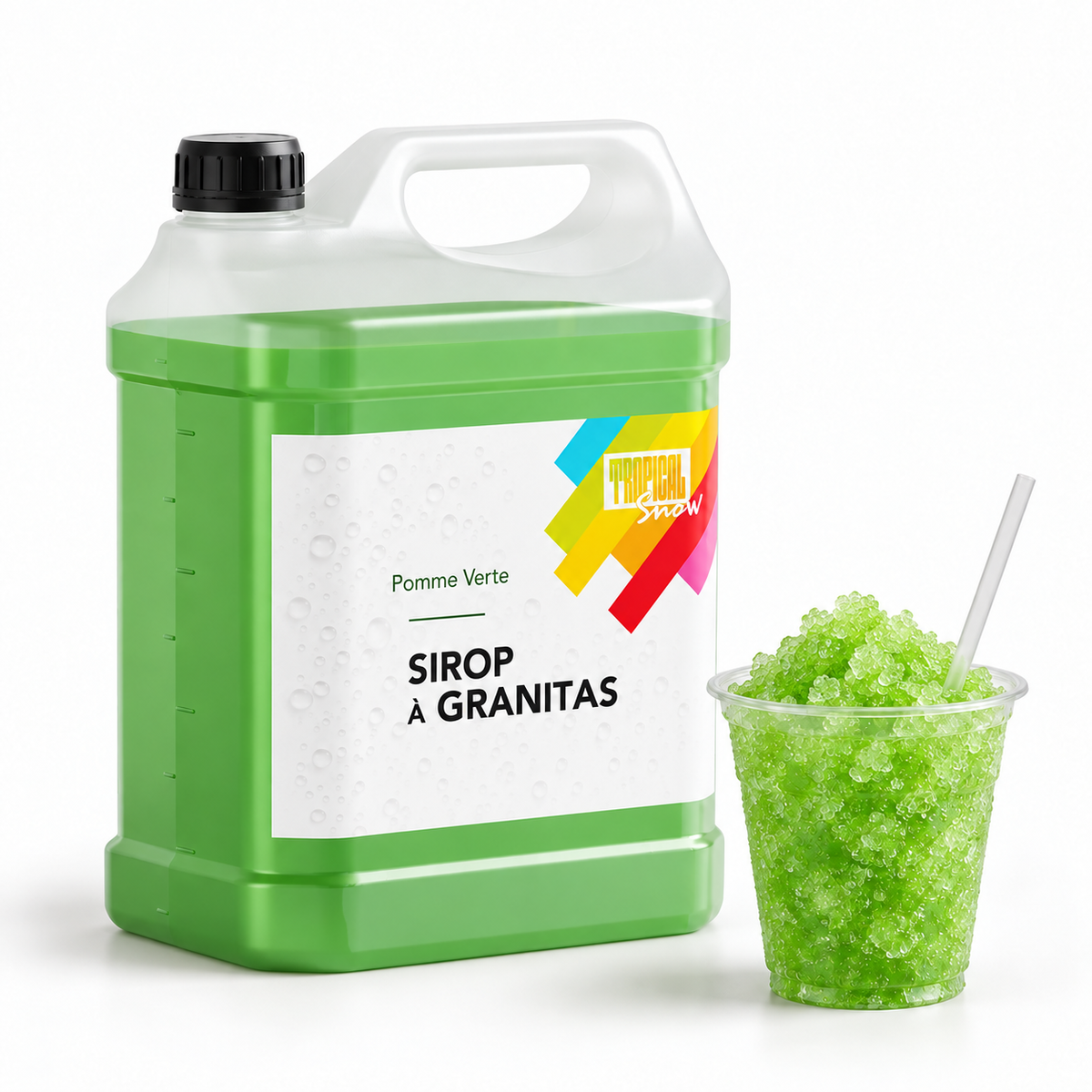Sirop à granita Pomme Verte, bidon 5 L et granité — visuel de présentation
