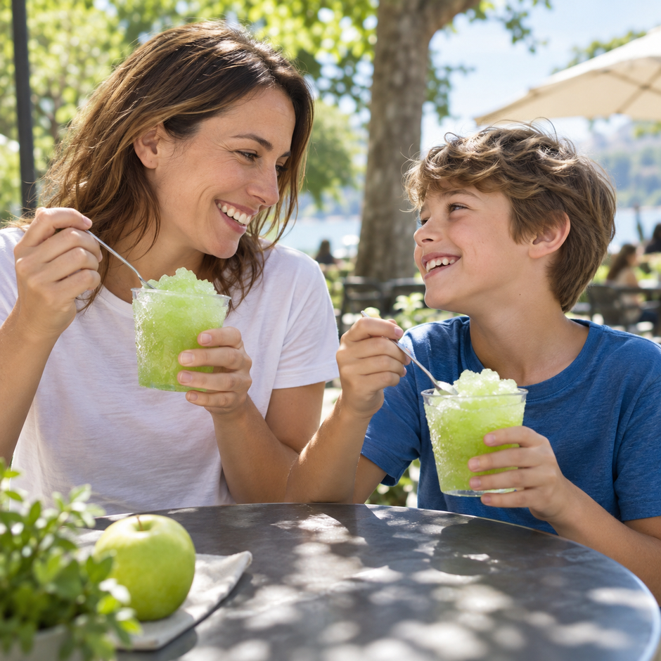 Une mère et son enfant dégustant des granités pomme verte — illustration estivale