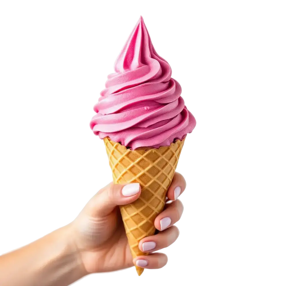 Glace italienne à la framboise, couleur intense, servie dans un cornet croustillant, sur fond blanc.