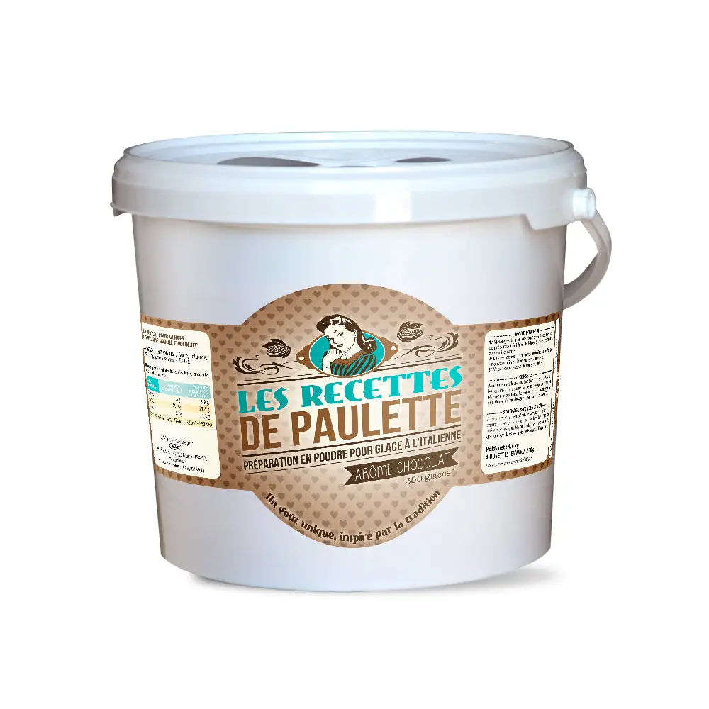 Weißer Plastikeimer mit Etikett Les Recettes de Paulette für Softeis cremige Textur