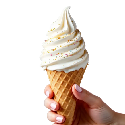 Glace soft blanche au Magic Mix avec paillettes dorées et argentées, effet étincelant, servie dans un cornet biscuit.