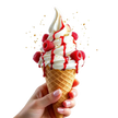 Glace blanche au Mix Neutre avec coulis de fruits, framboises et fraises fraîches, parsemée d’étincelles dorées et argentées.