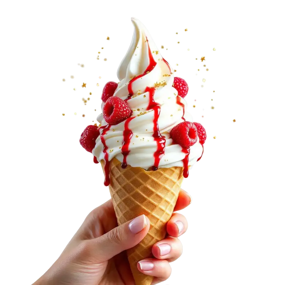 Glace blanche au Mix Neutre avec coulis de fruits, framboises et fraises fraîches, parsemée d’étincelles dorées et argentées.