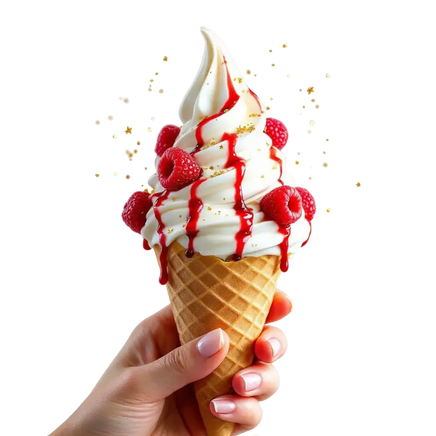 Glace blanche au Mix Neutre avec coulis de fruits, framboises et fraises fraîches, parsemée d’étincelles dorées et argentées.
