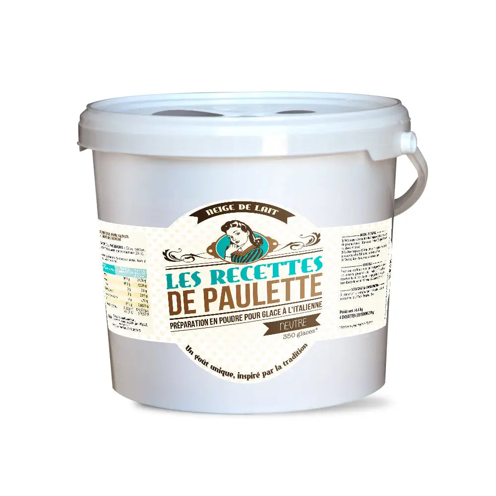 Weißer Plastikeimer mit Les Perles de Paulette-Etikett für Mix Neutrale Basis Eisbecher