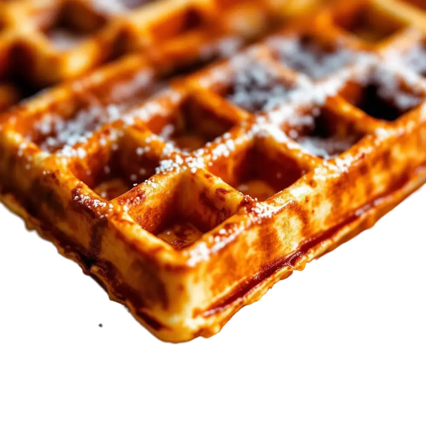 Gros plan d'une gaufre de Bruxelles bien dorée avec des bords saillants et croustillants, parfaitement cuite.
